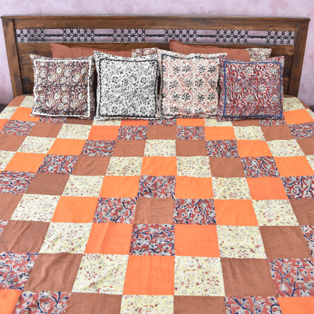 Kalamkari Patchwork Double Bedcover in Rust