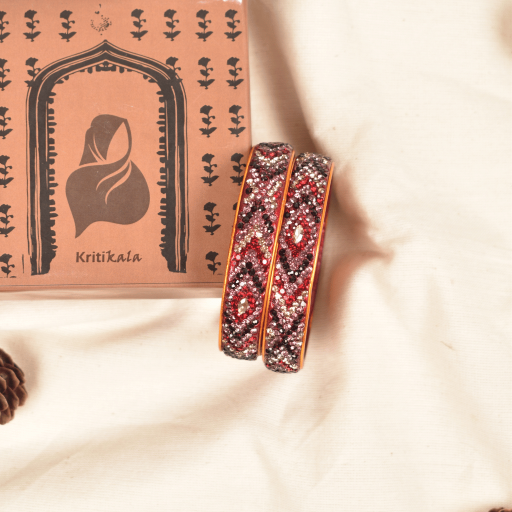 Pair of maroon & pink 5 line stoned lac bangles - Hyderabad