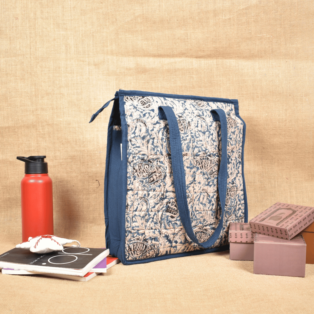 Blue Kalamkari Quilted Tote Bag - side
