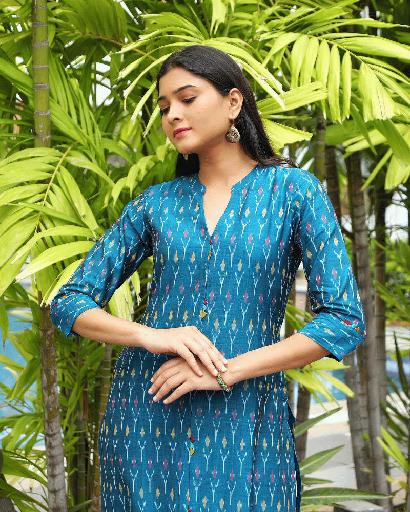 Blue Women’s Mercerized Ikat Straight Kurta