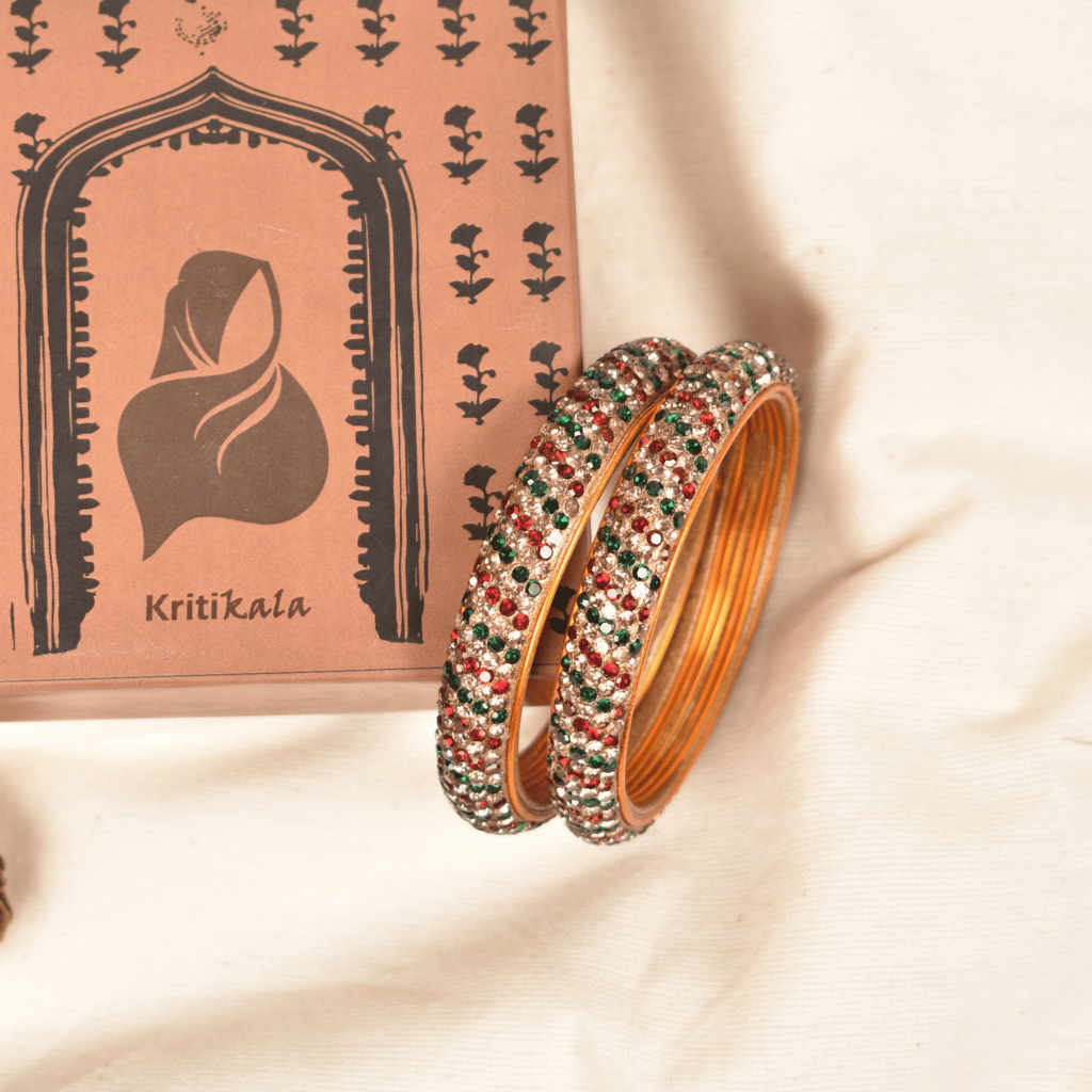 Pair of red & green 5 line stoned lac bangles - hyderabad