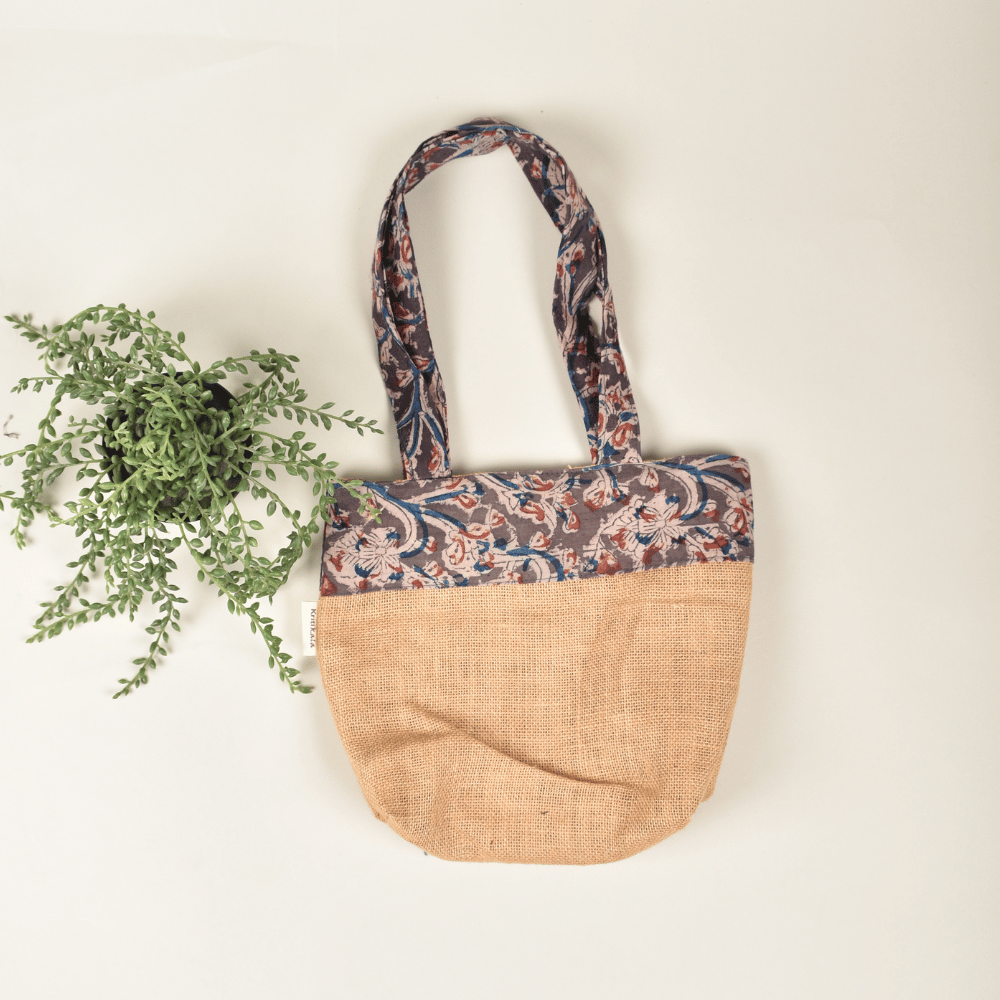 Soft jute tambulam or gift bag with black Kalamakri print