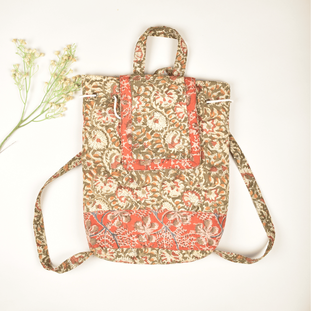 Green Kalamkari Backpack - flap closure