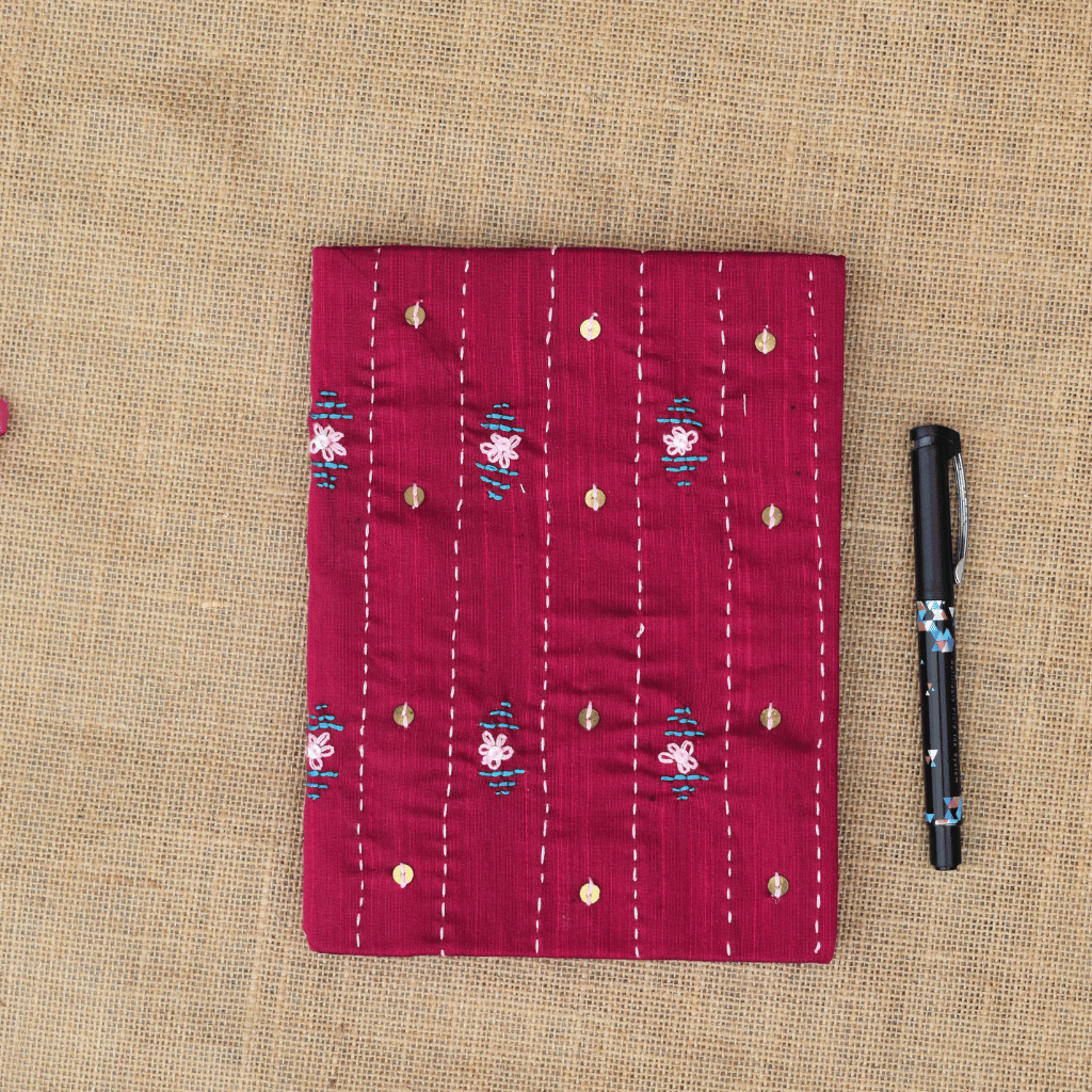 Silk handmade paper diary and tread embroidery cover - maroon