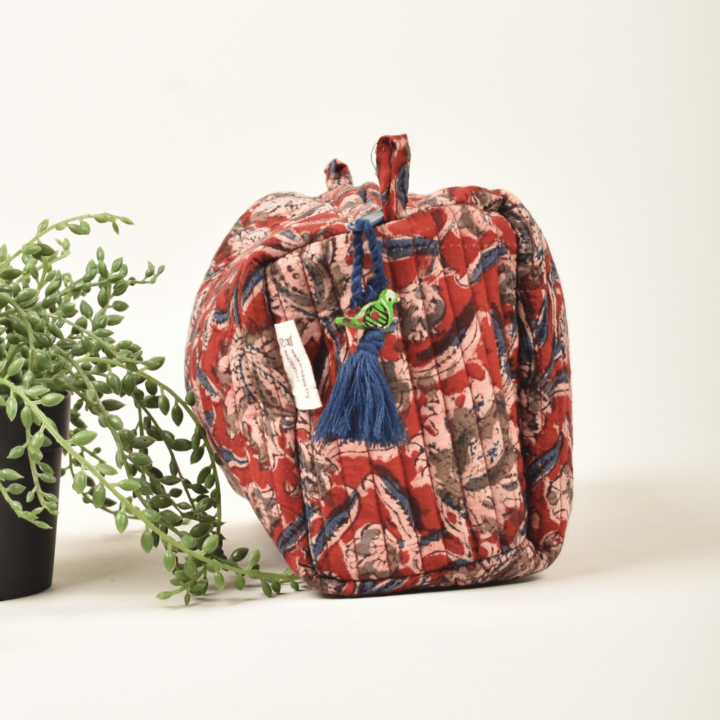 Red kalamkari travel pouch - tassel