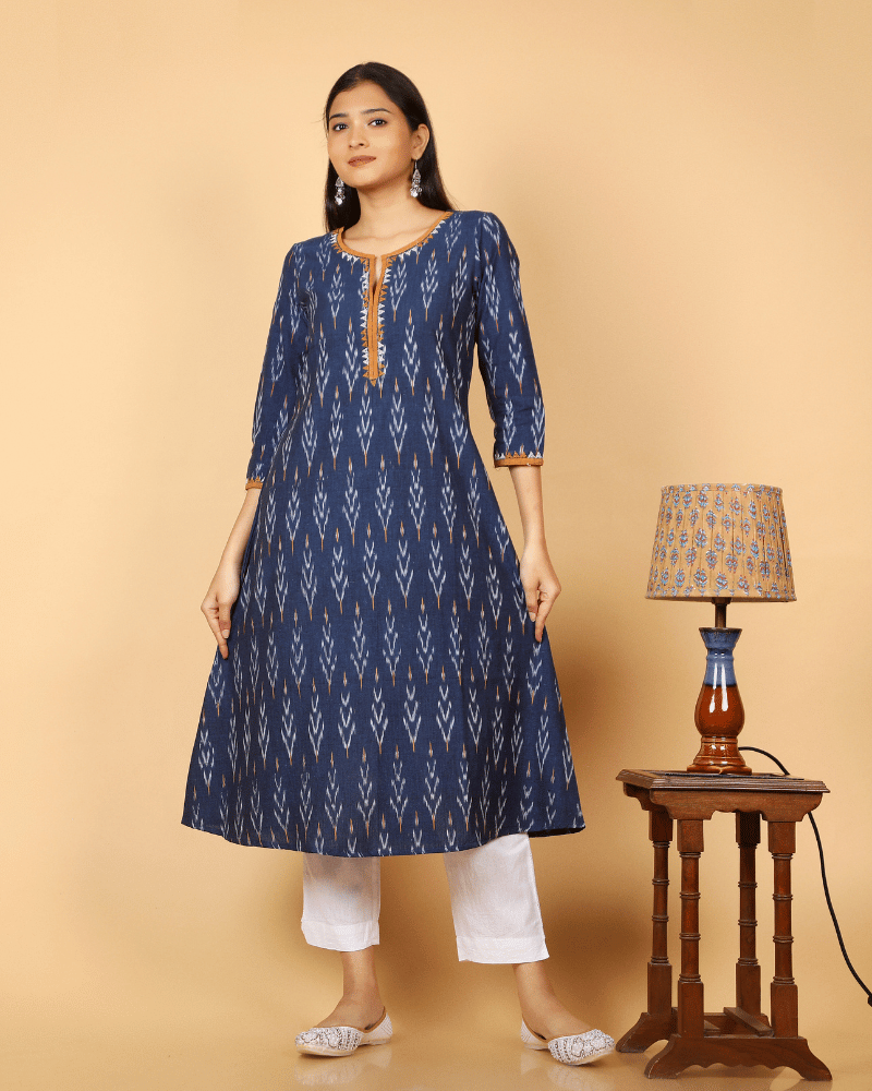 Navy Blue Triangle Embroidery Ikat Kurta - pocket