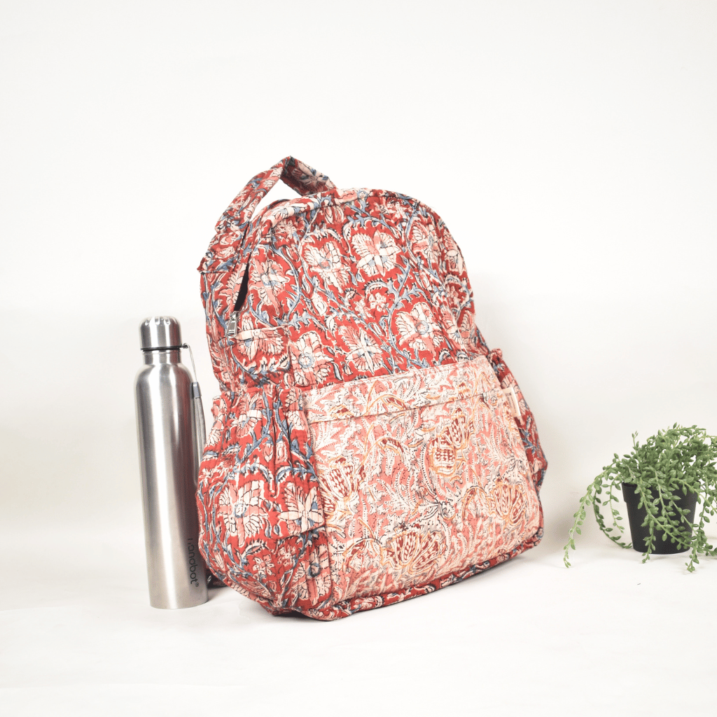 Red & Pink Kalamkari backpack laptop bag - pockets