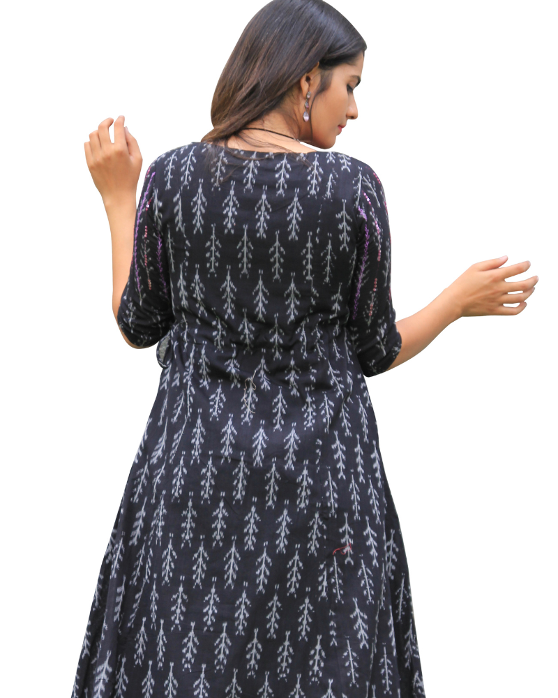 Black leaf ikat dress back view