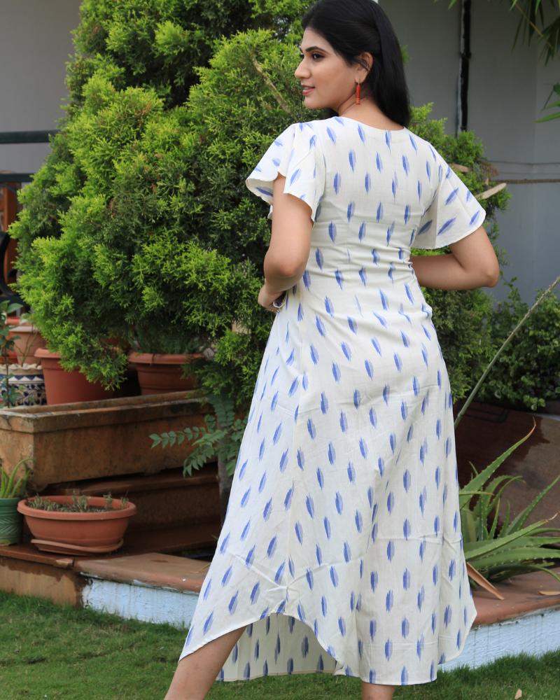 White ikat pleated embroidery dress  back view