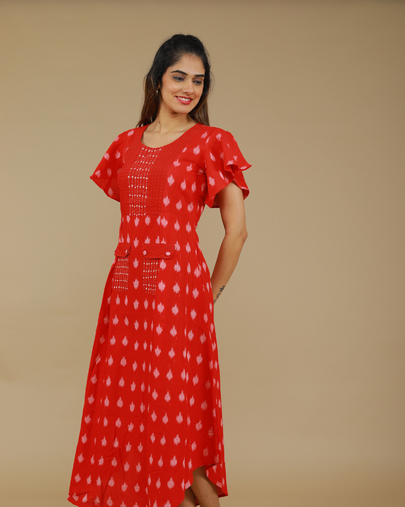 Red ikat pleated dress with pockets