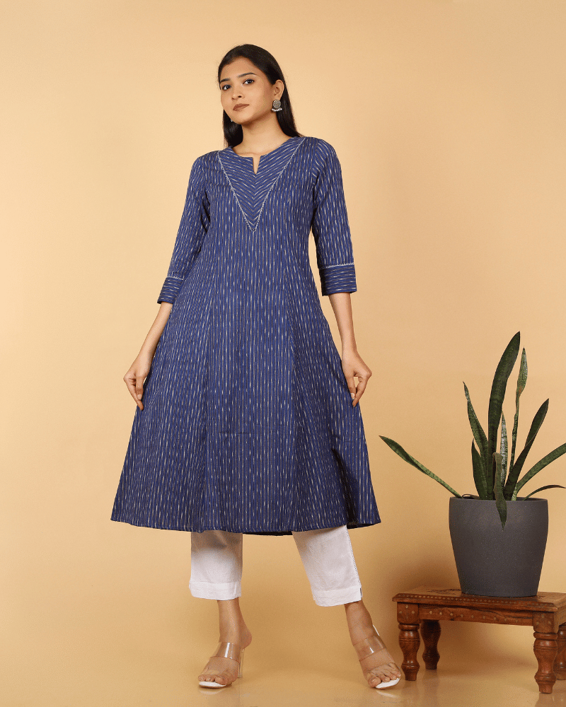 A line Blue Ikat Cotton Kurta with Pleated V Yoke - Front