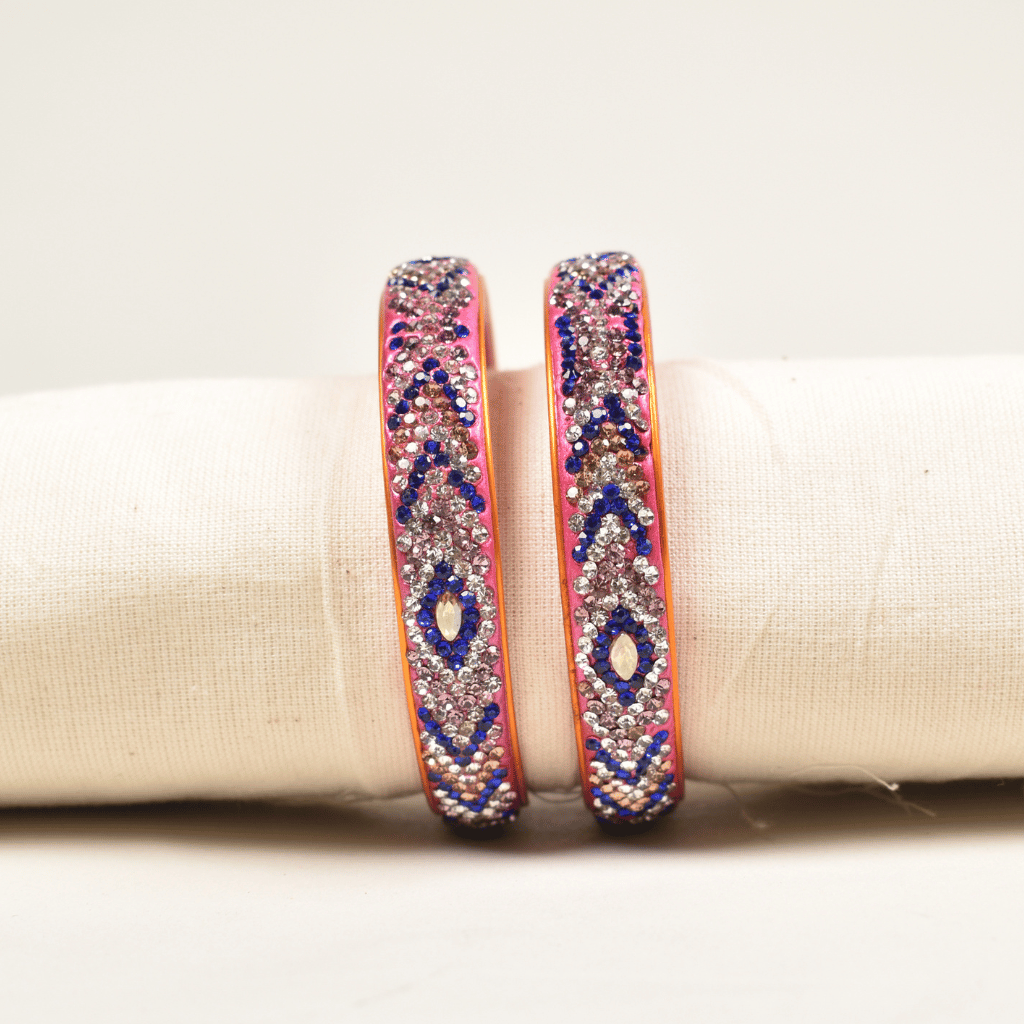 Blue & white 5 line stoned lac bangles - pink