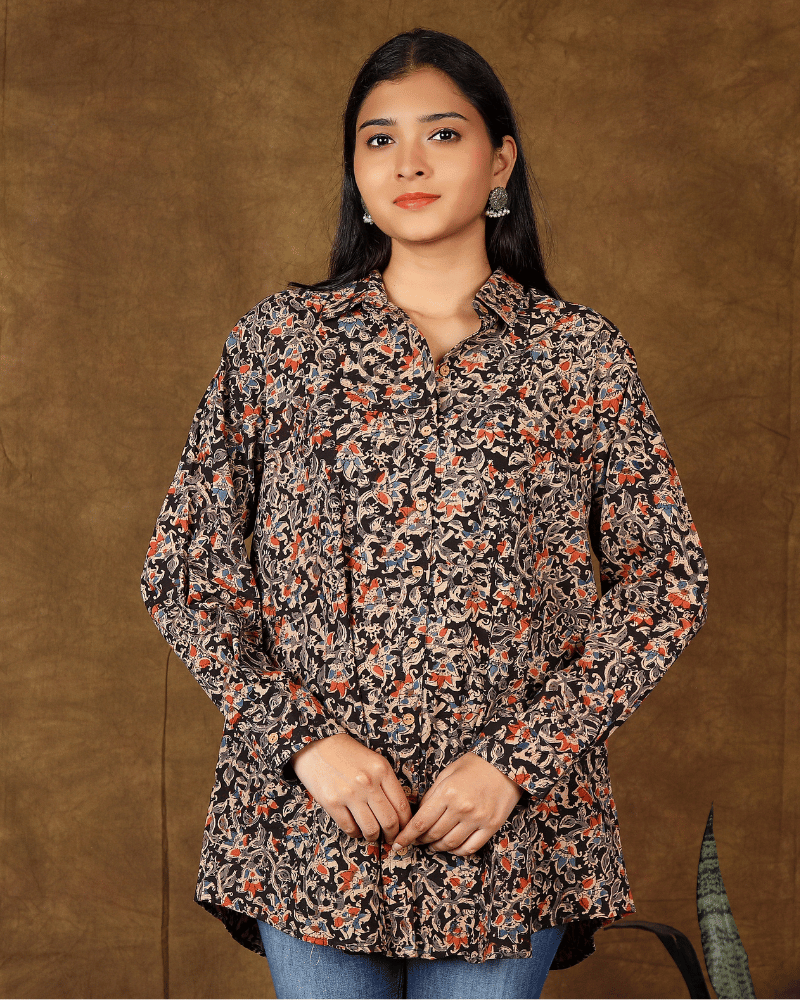 Stylish Women’s Black Kalamkari Cotton Shirt - front