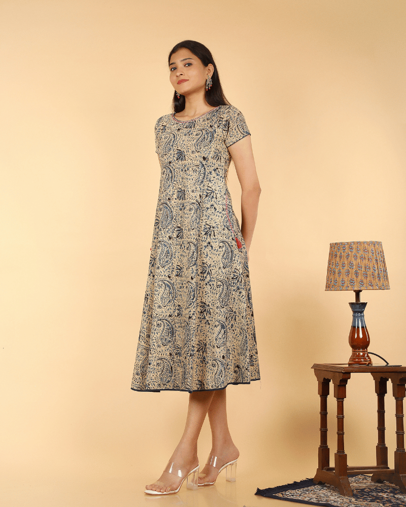 Blue Floral Kalamkari Dress With a Boat Neck and with sleeve