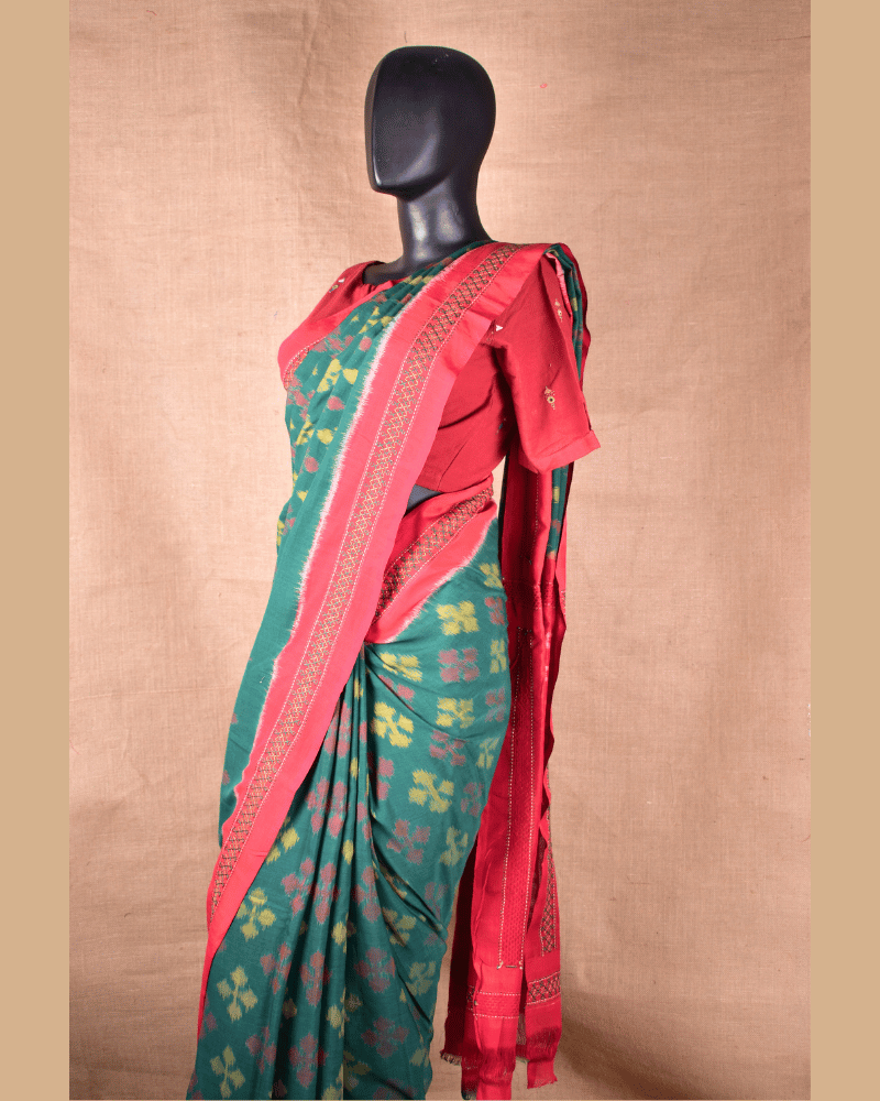Green ikat saree with hand embroidery
