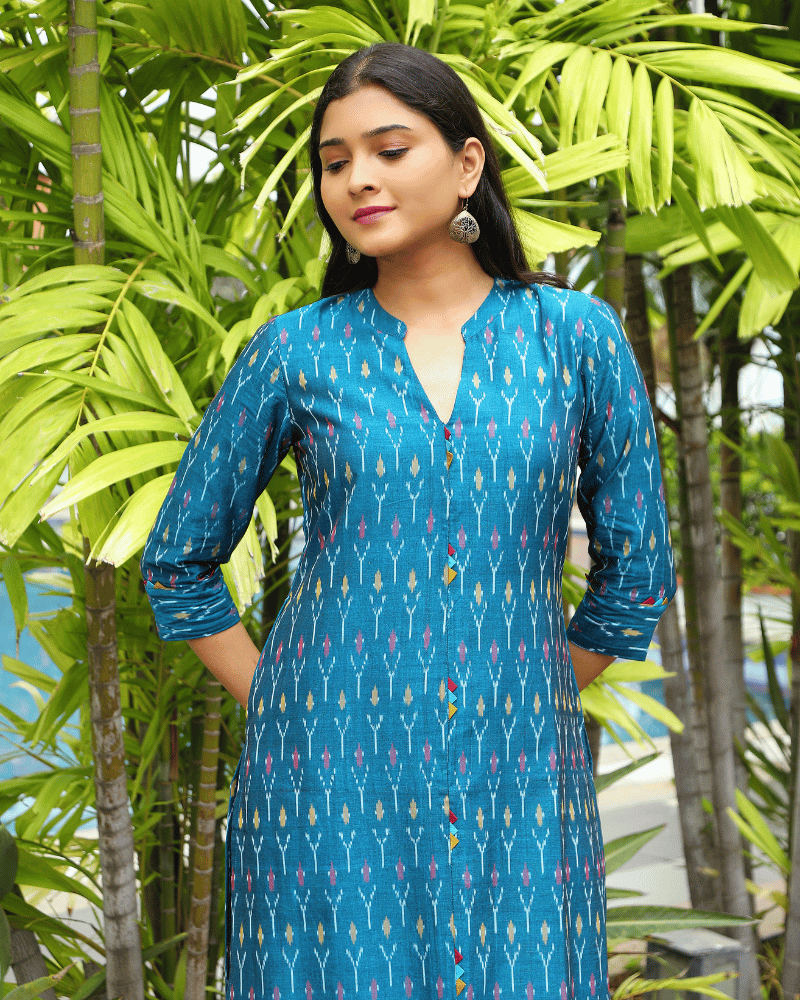 Blue Women’s Mercerized Ikat Straight Kurta