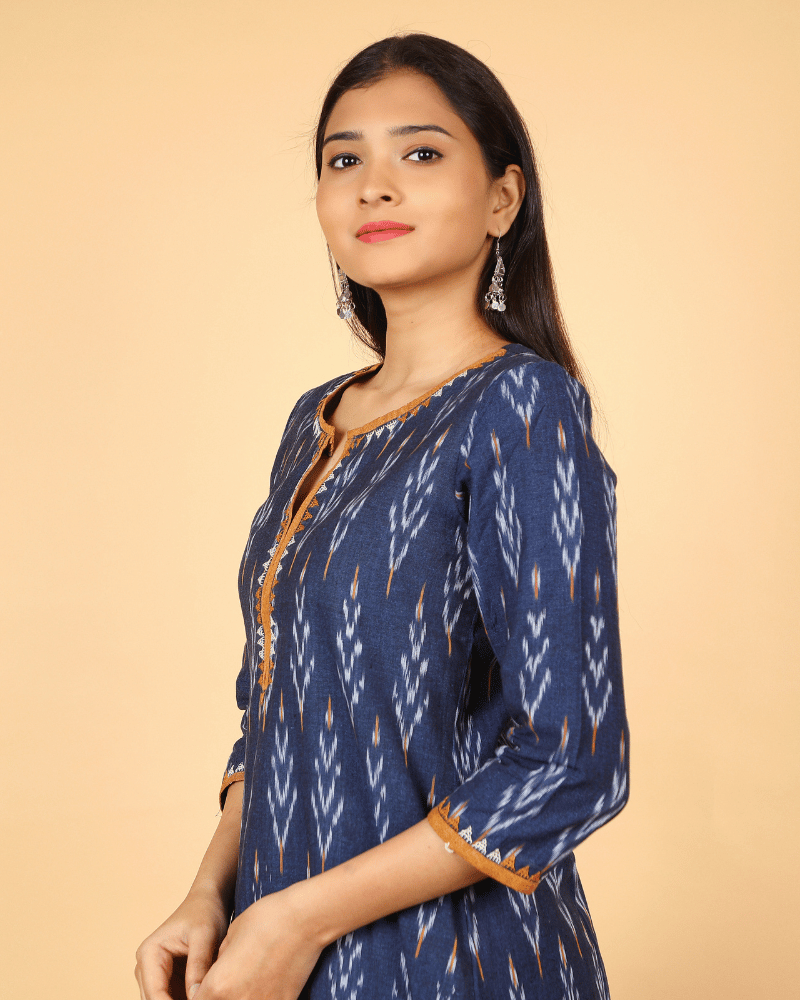 Navy Blue Triangle Embroidery Ikat Kurta - sleeves