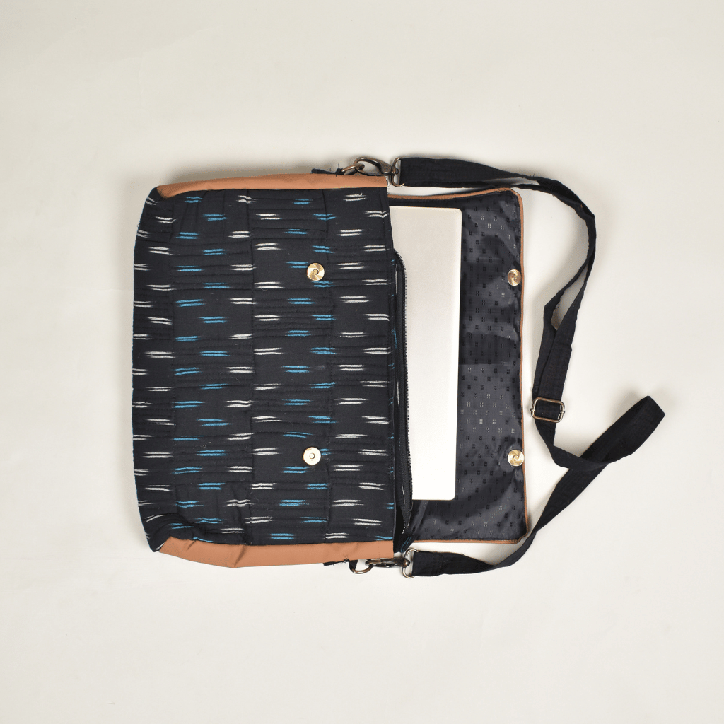 "Samarth" laptop bag in black ikat and faux leather - inside
