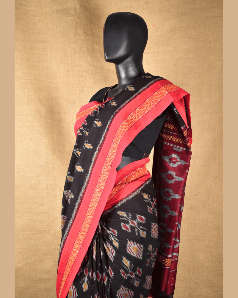 Black ikat saree with hand embroidery
