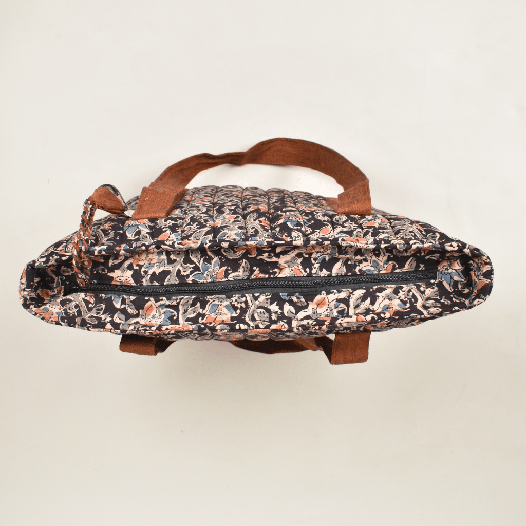 Black Kalamkari quilted ladies laptop bag or overnight travel bag