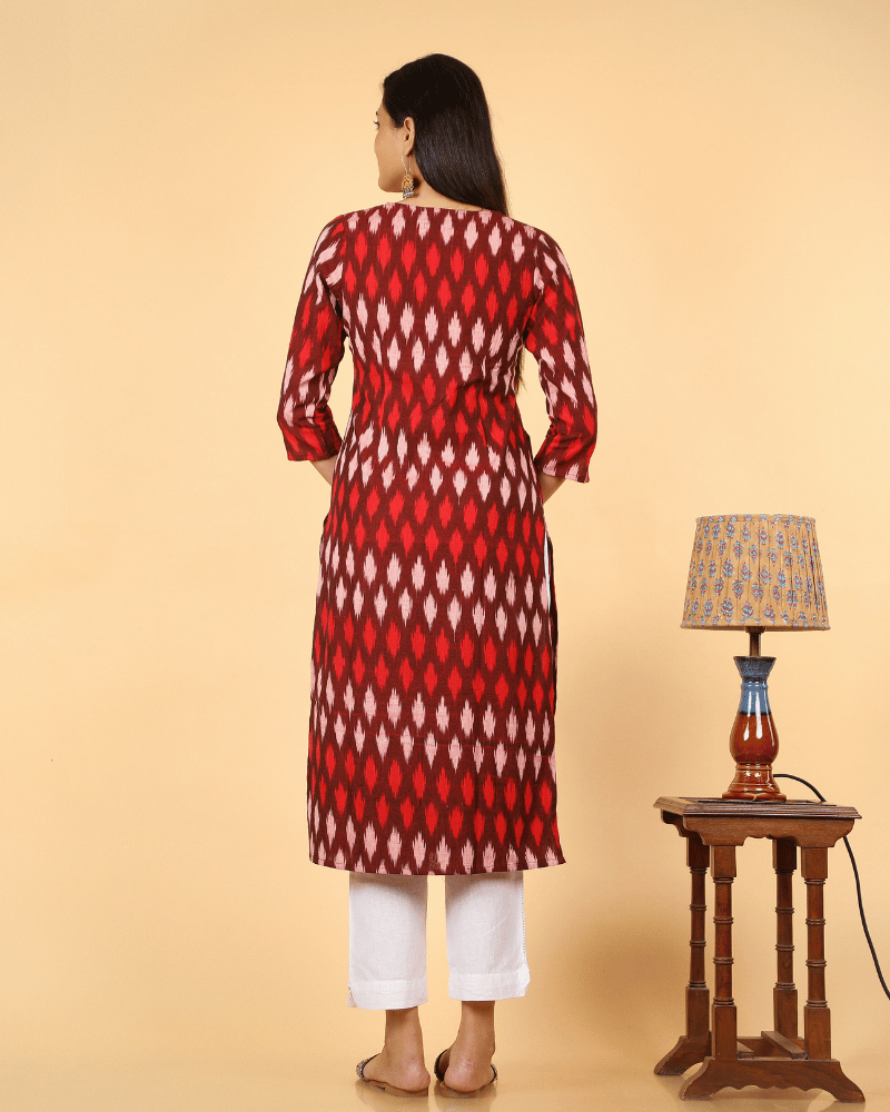 Straight Kurta in Red Ikat Cotton - back