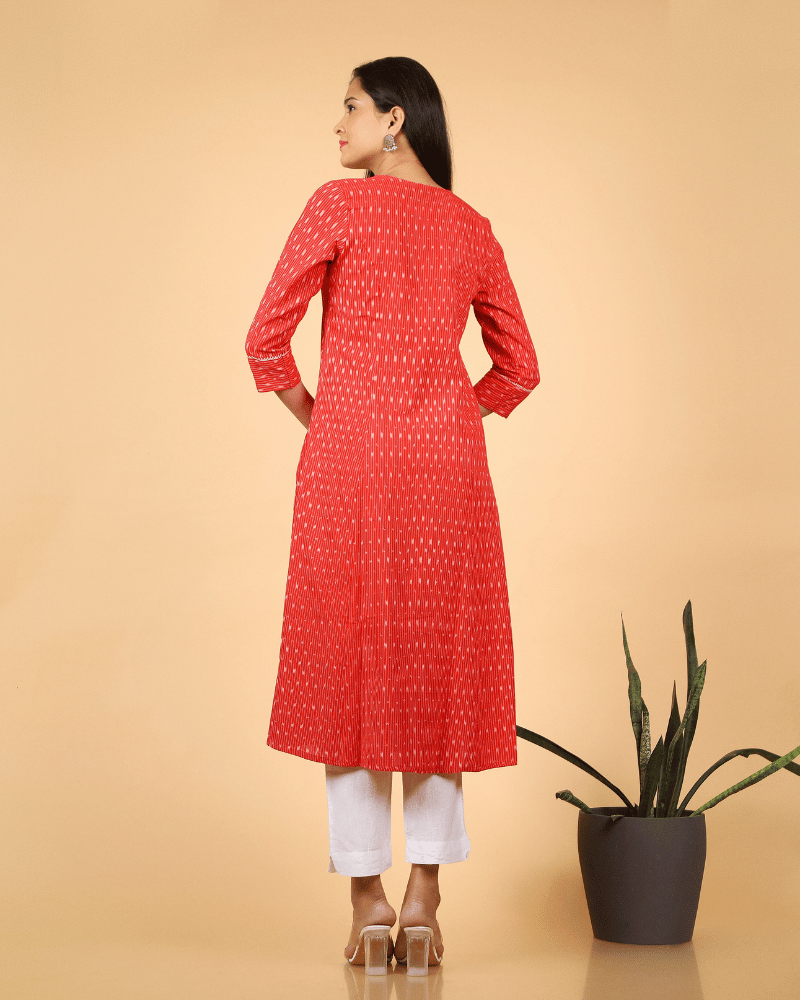 A line Red Ikat Cotton Kurta with Pleated V Yoke - back