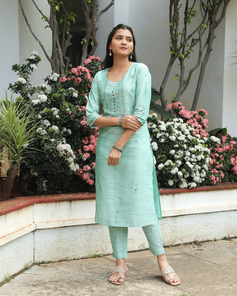 Mint Green Silk Mirror Embroidery Kurta - sleeves