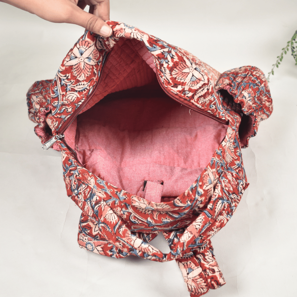 Red & Pink Kalamkari backpack laptop bag - inside