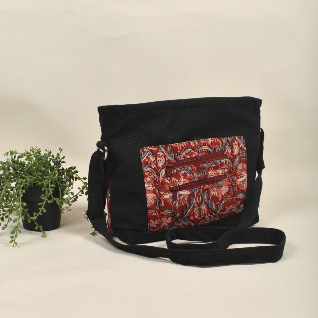 Red kalamkari & canvas multi pocket sling bag - side