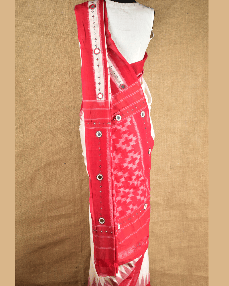 White Cotton Saree With Hand Embroidery - Back