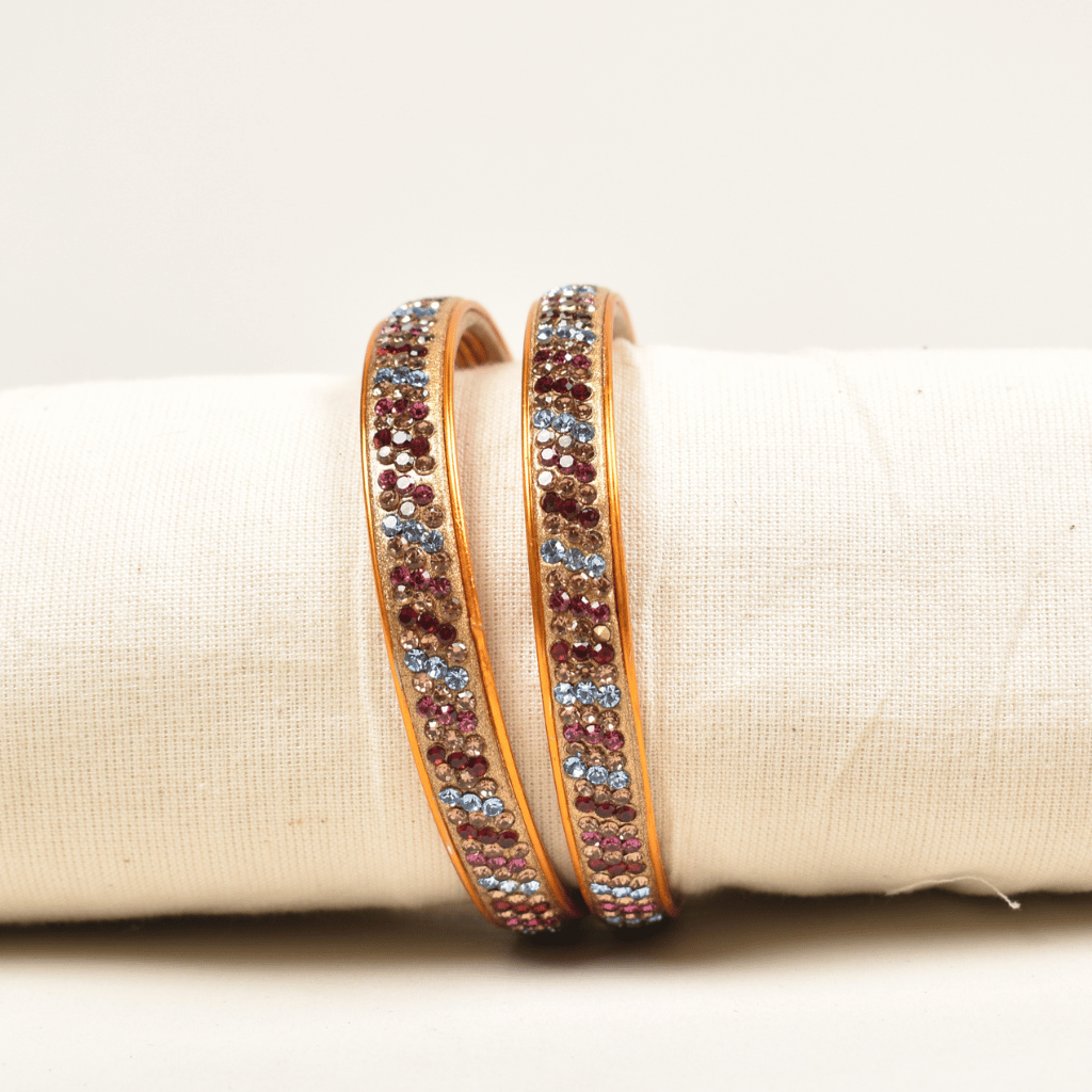 Pair of multicolour 3 line stoned lac bangles - stones
