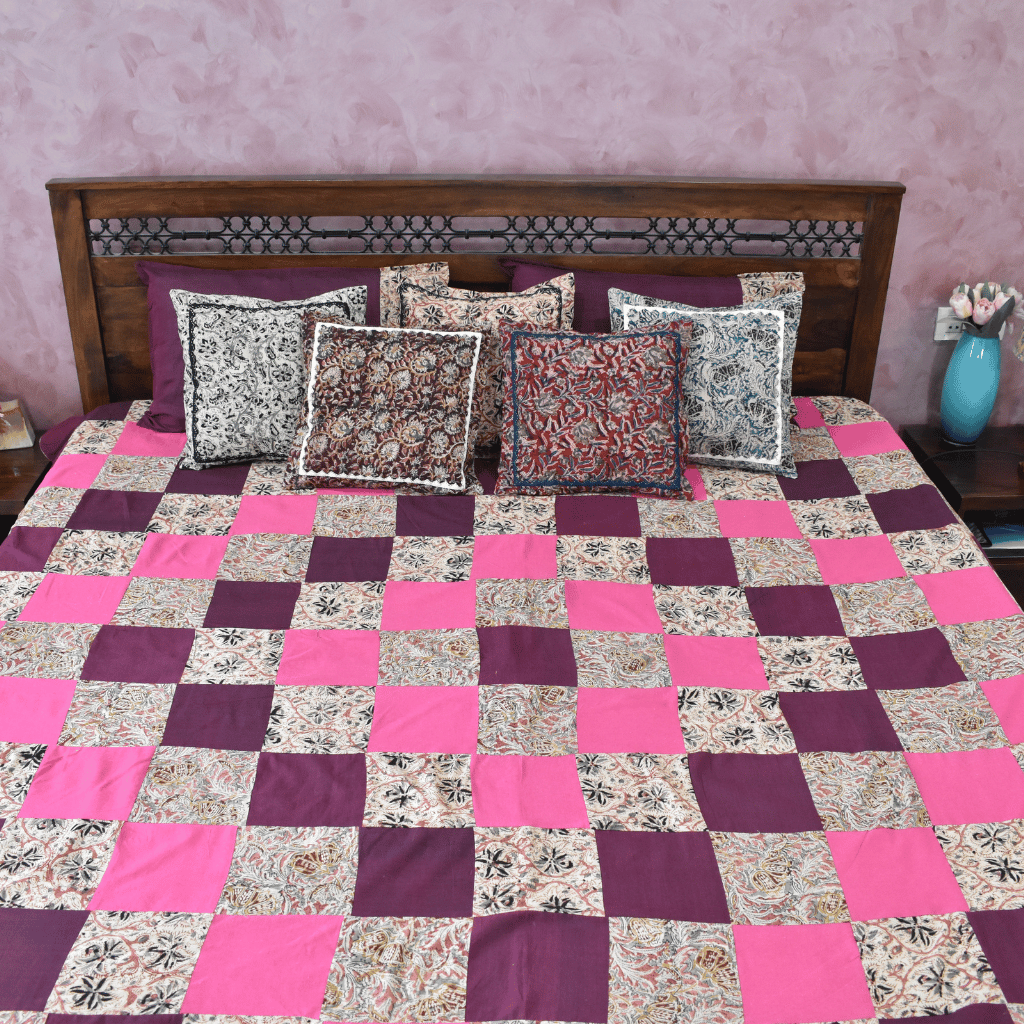 Purple kalamkari patchwork double bedcover - bedspread