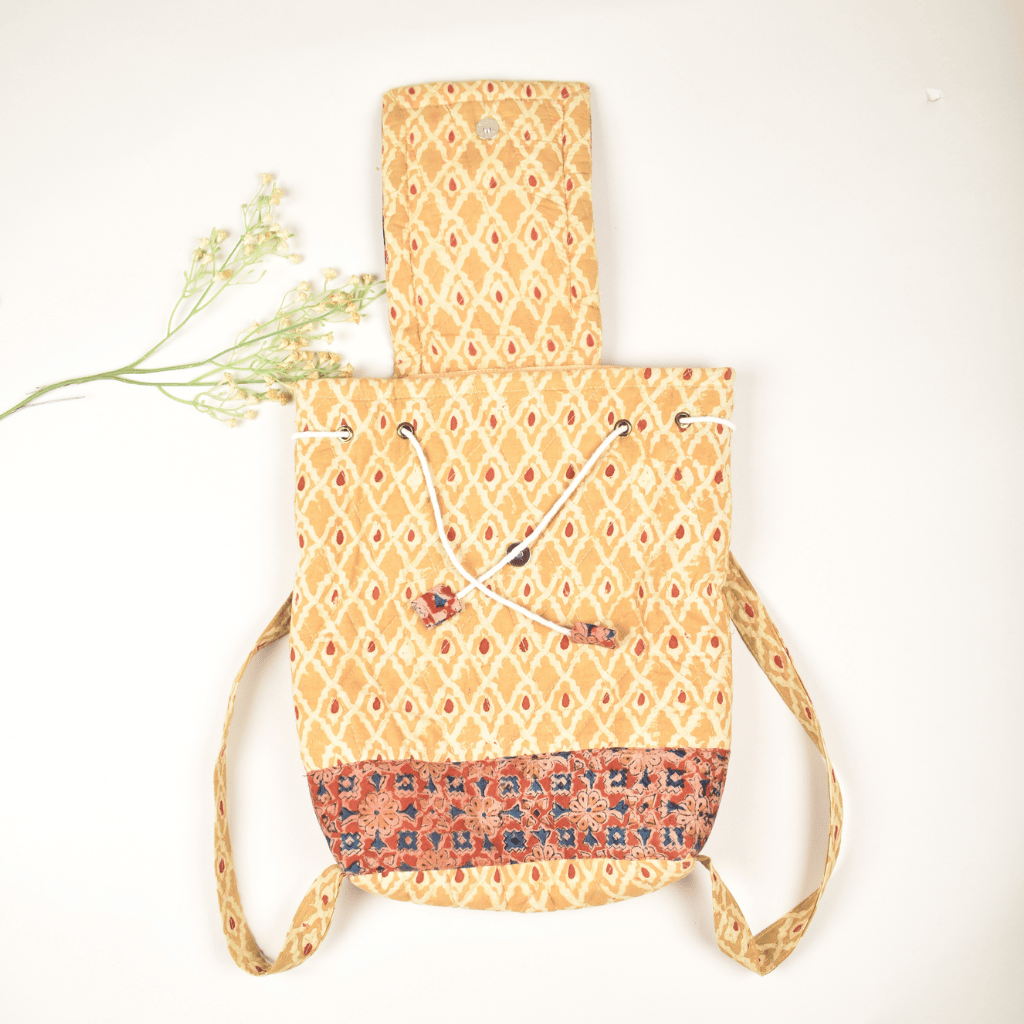 Yellow Kalamkari Backpack - Drawstring