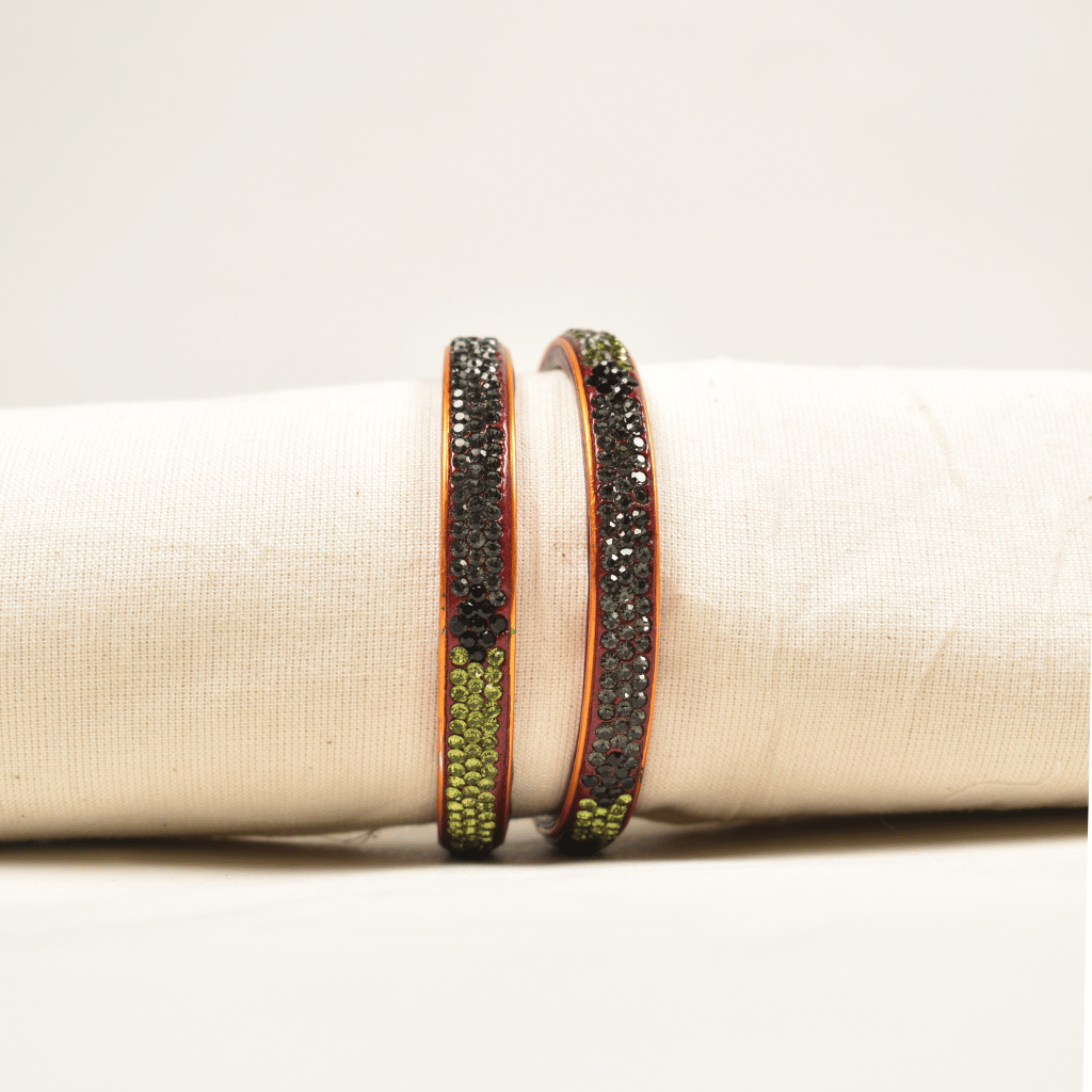 Pair of green & gold 3 line lac bangles - Traditional