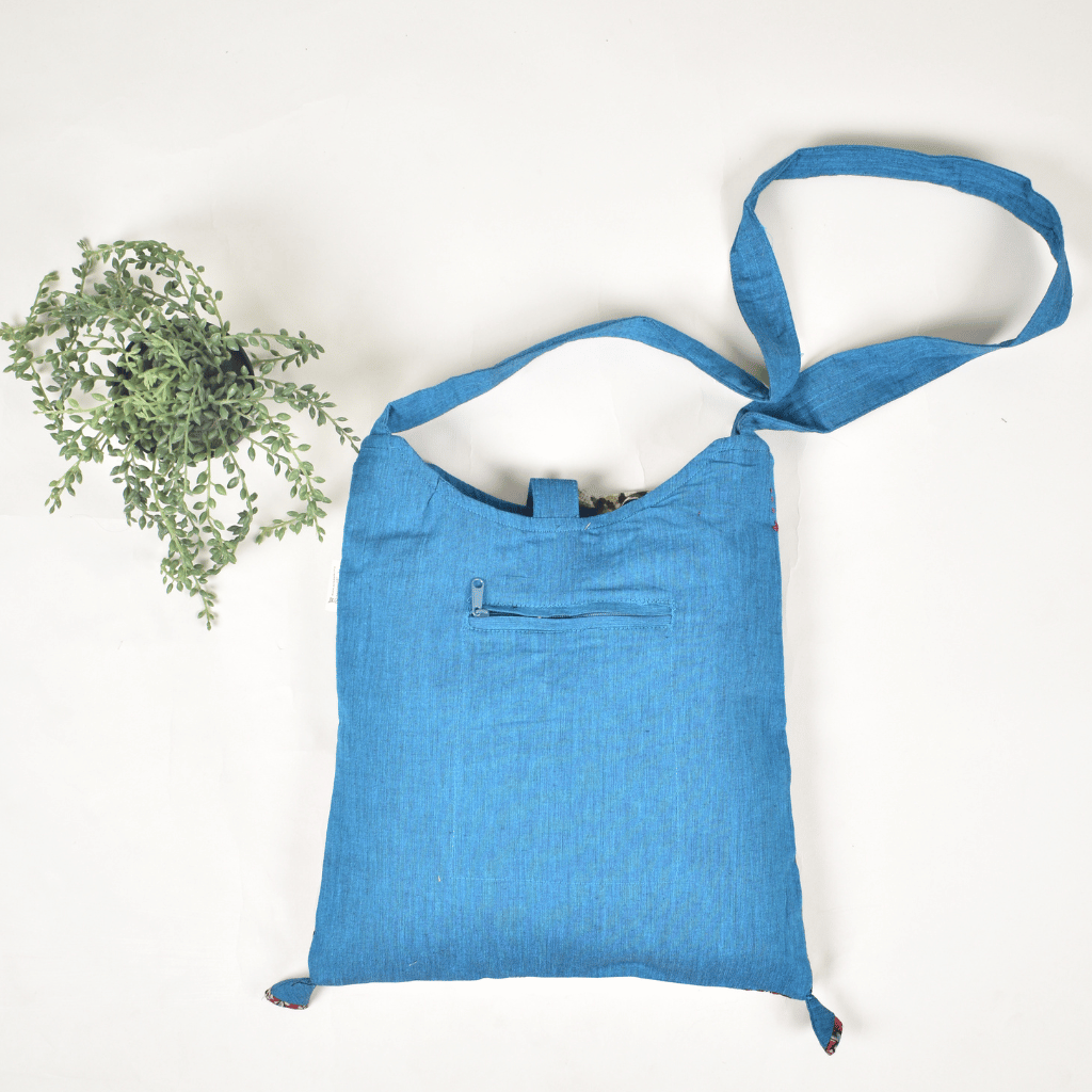 Blue and Red Kalamkari sling bag with hand embroidery - pockets