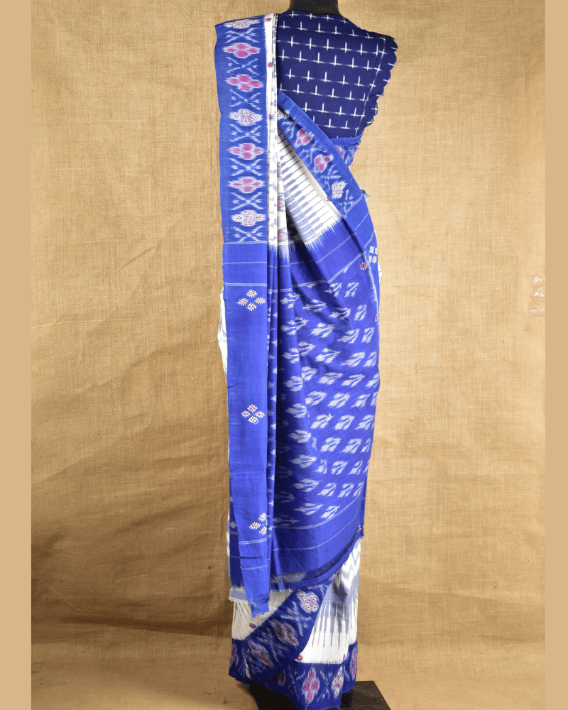 White Ikat Saree With Hand Embroidery - Back