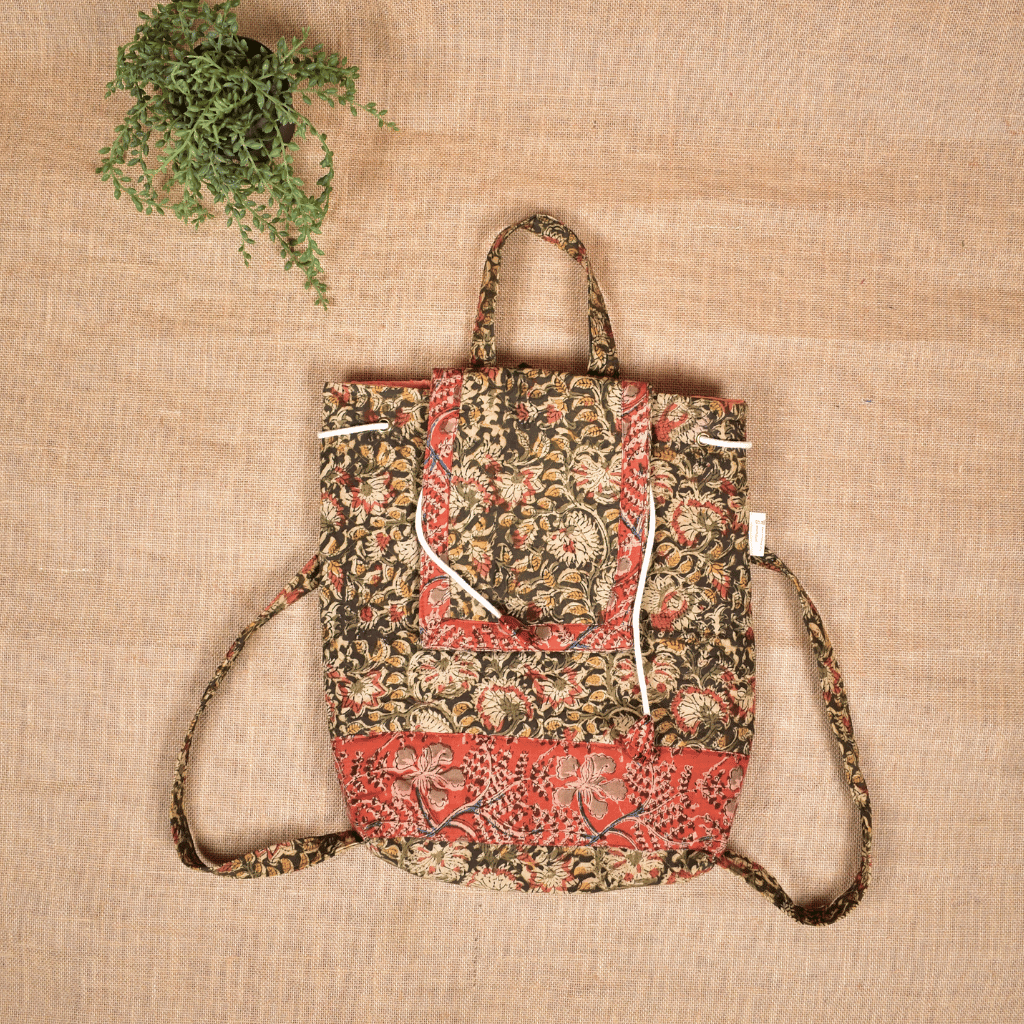 Quilted Green Kalamkari Backpack Bag - drawstring