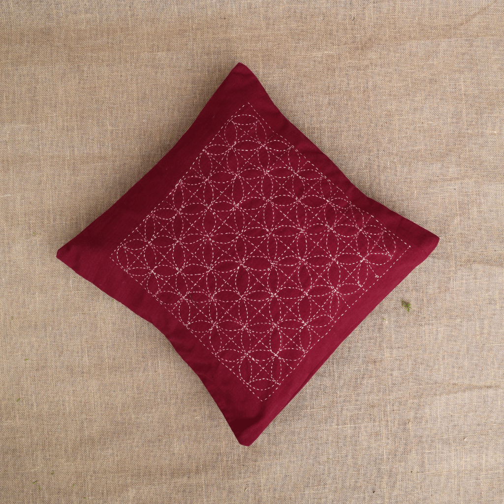 Maroon Geometric Embroidered Cotton Cushion Cover – 16 x 16 Inches