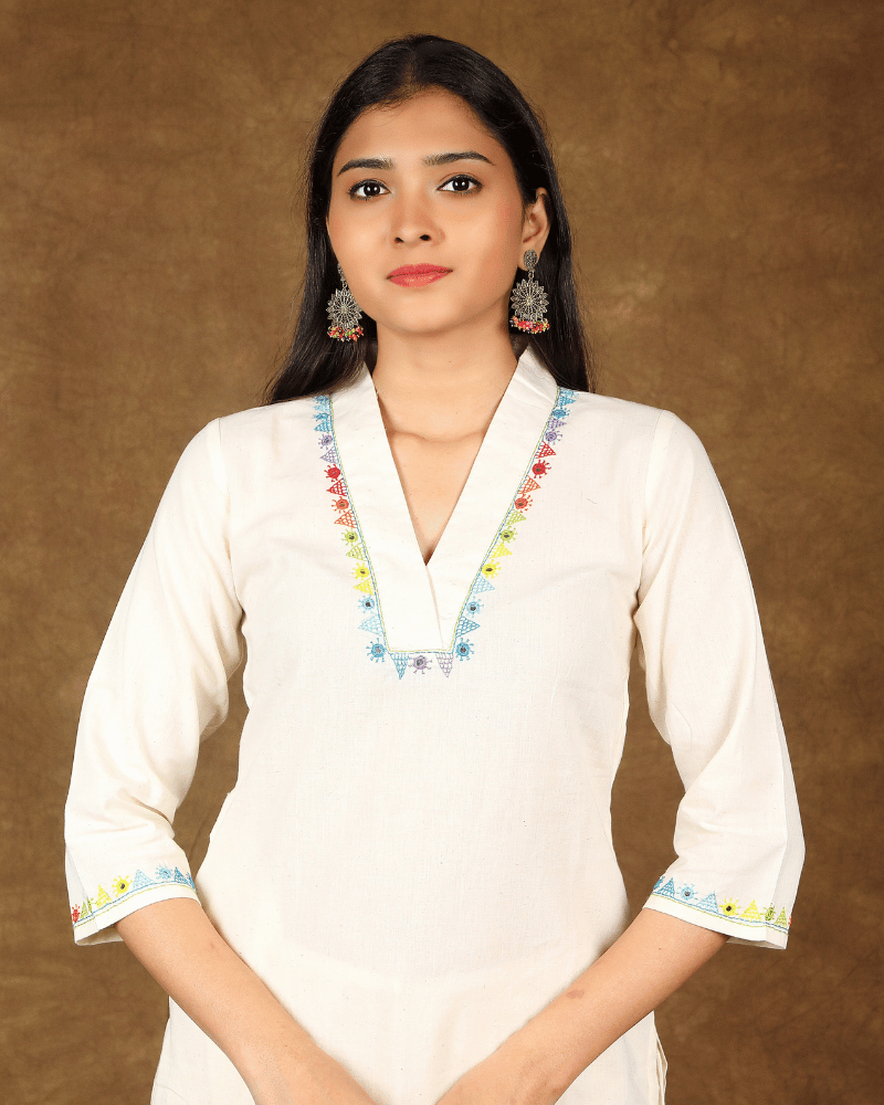 White embroidery straight kurta - Handloom