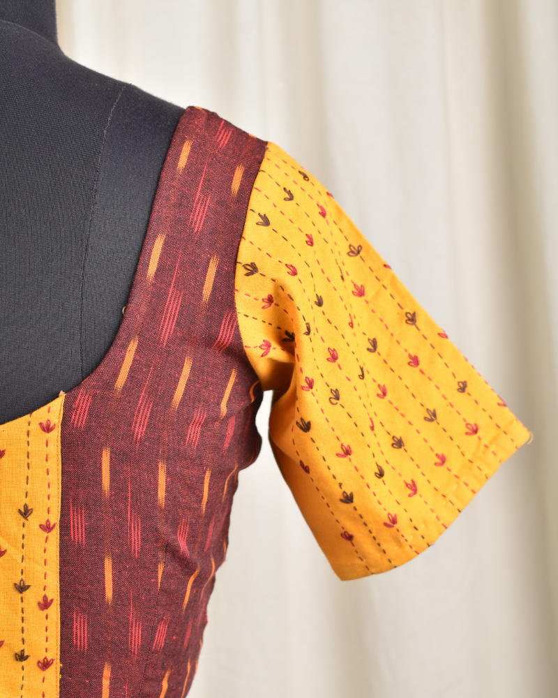 Mustard and maroon ikat embroidered blouse - embroidery