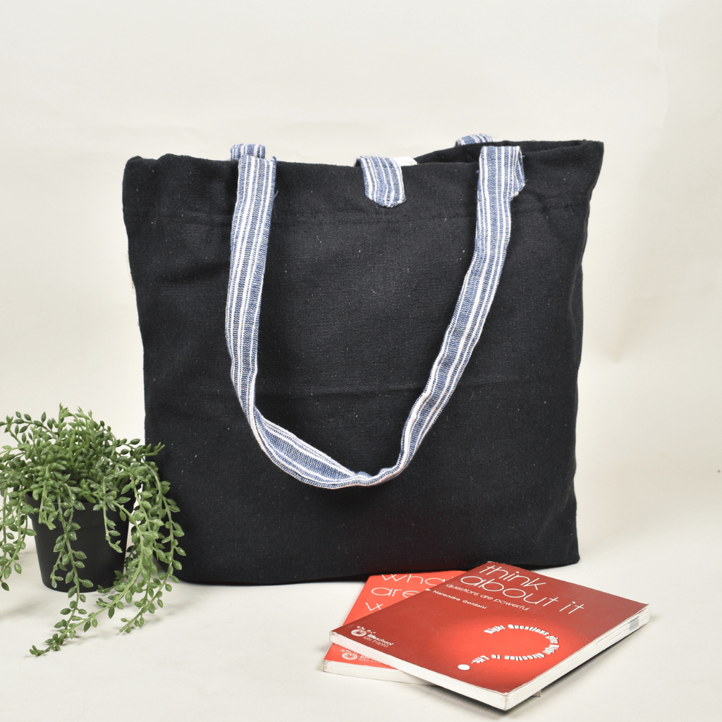Black Canvas Bag with Blue Ikat Handle - back