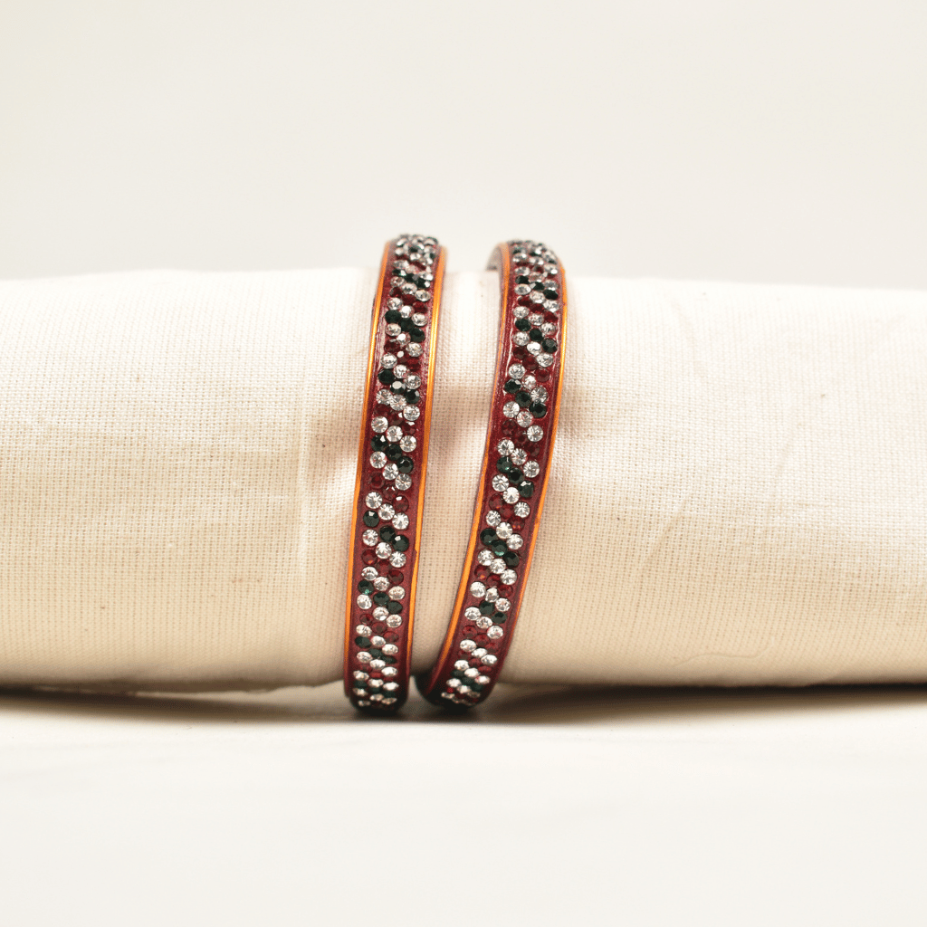 Pair of green & red 3 line stoned lac bangles - stones
