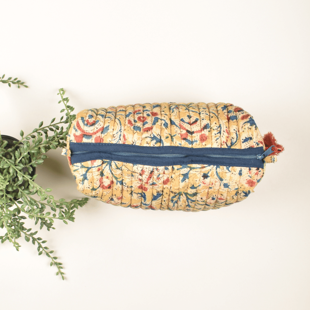 Yellow kalamkari travel pouch - zip