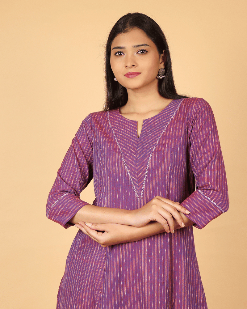 A line Purple Ikat Cotton Kurta with Pleated V Yoke - front