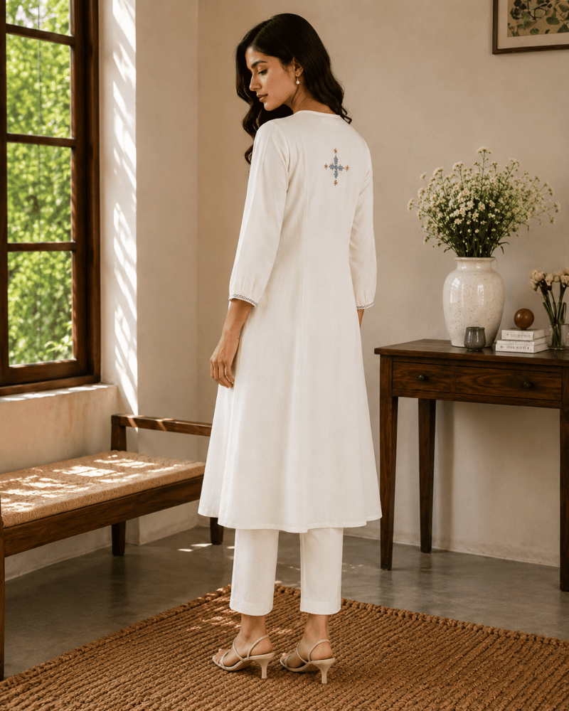 White Cotton Kurta with Hand Embroidery - Back