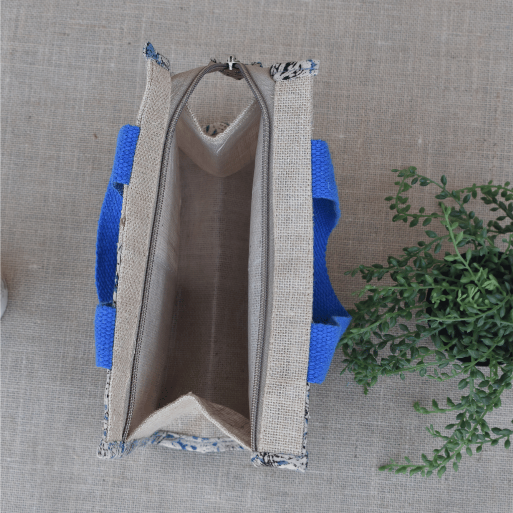 Blue Kalamkari and Jute Lunch Bag