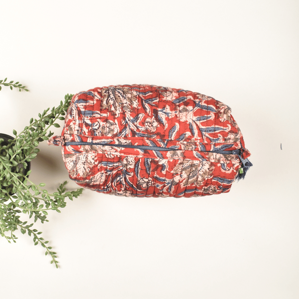 Red kalamkari travel pouch - zip