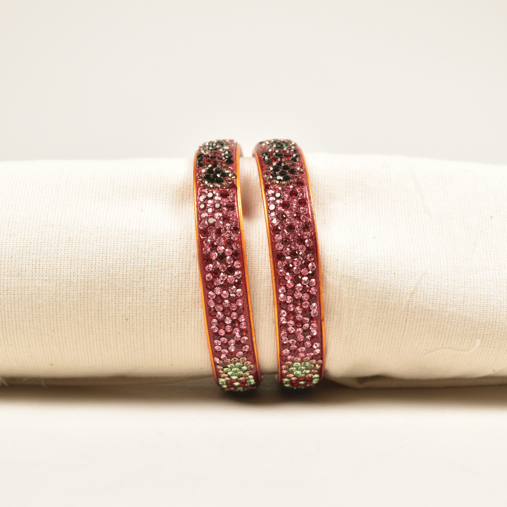 Pair of maroon & pink 5 line stoned lac bangles - Traditional