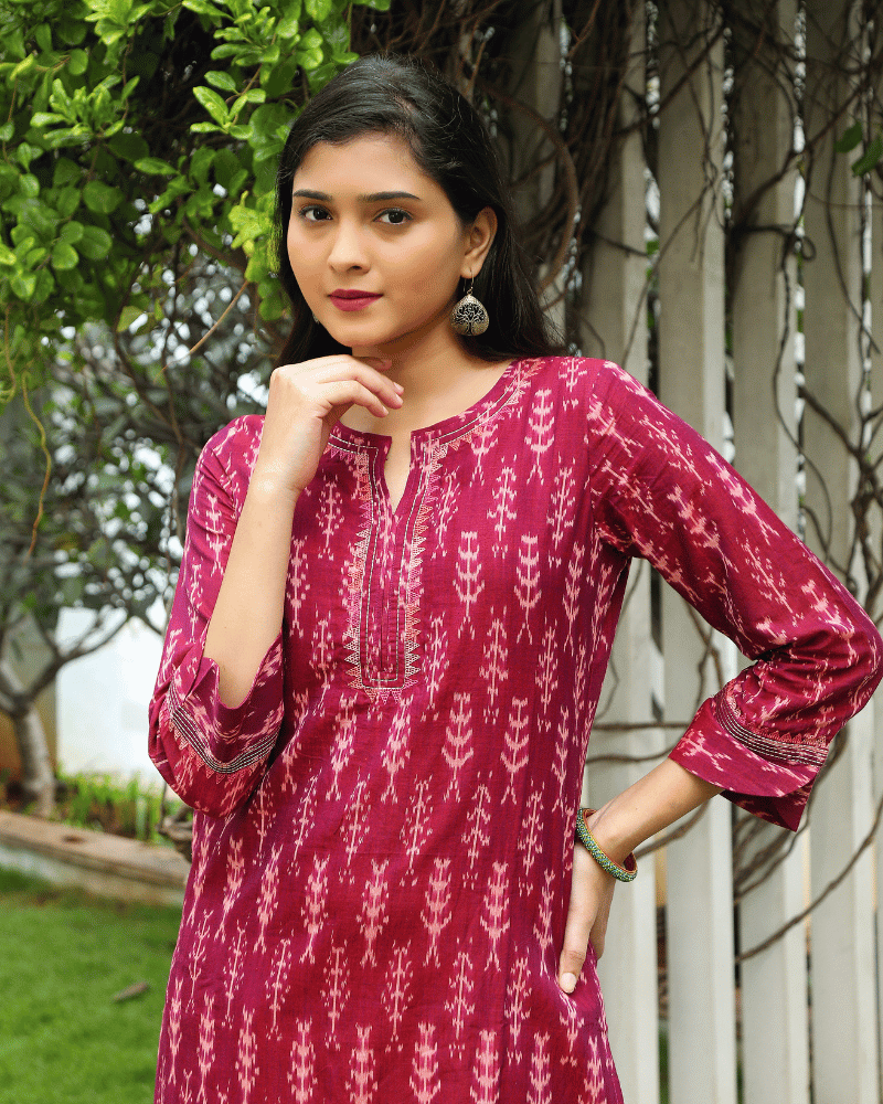 Maroon Straight Fit Mercerized Ikat Printed Kurta - Hand embroidery