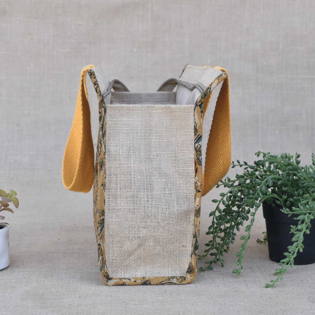 Yellow kalamkari and jute lunch bag